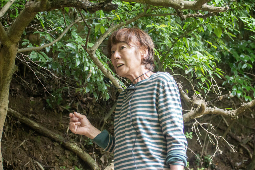 しずくのめぐる谷を歩きながら解説する坂田さん
